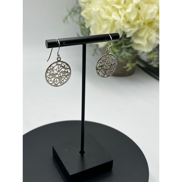 Sterling Silver 925 Filigree Design Round Dangle Drop Pierced Earrings - Picture 3 of 5